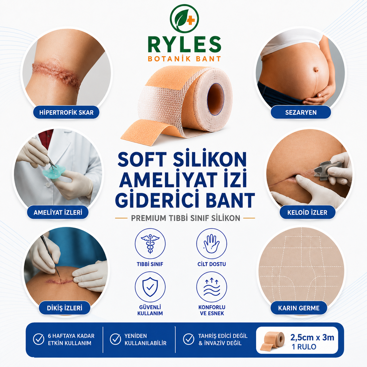 Ryles Ameliyat İz Bandı — Premium Silikon Rulo Bant | Tıbbi Sınıf