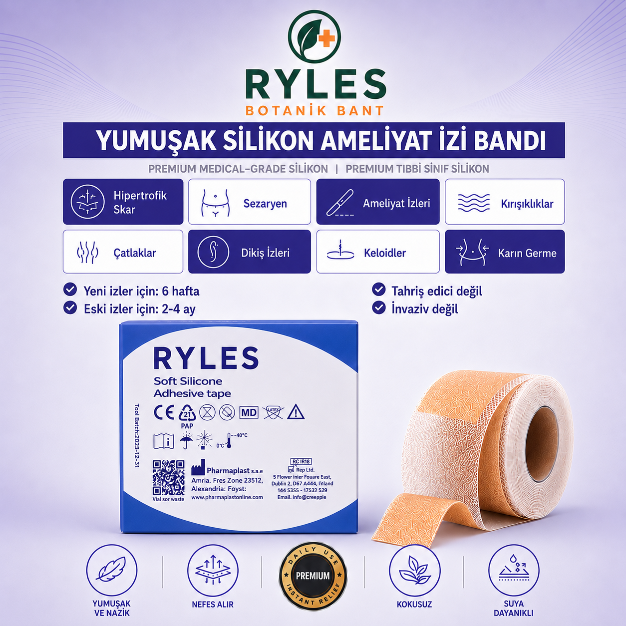 Ryles Ameliyat İz Bandı — Premium Silikon Rulo Bant | Tıbbi Sınıf